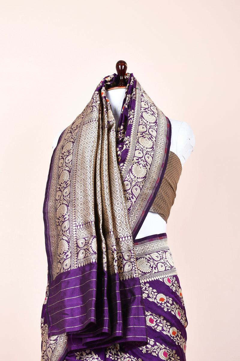 Indigo Striped Handwoven Banarasi Katan Silk Saree