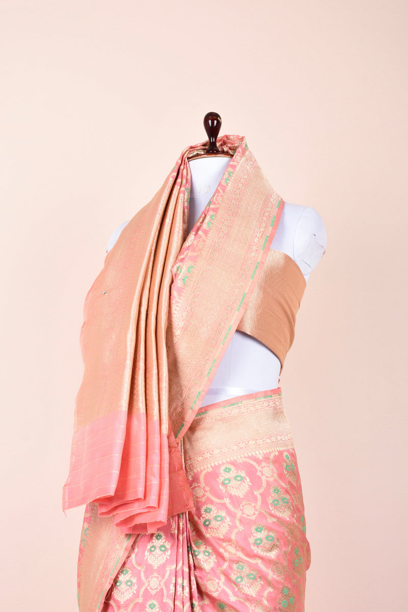 Crepe Pink Handwoven Meenadar Banarasi Silk Saree