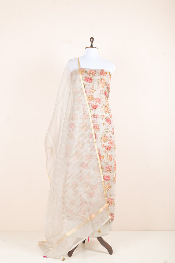 Grey Embroidered Organza Silk Dress Material