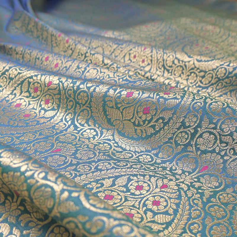 Peacock Blue Handwoven Banarasi Silk Fabric