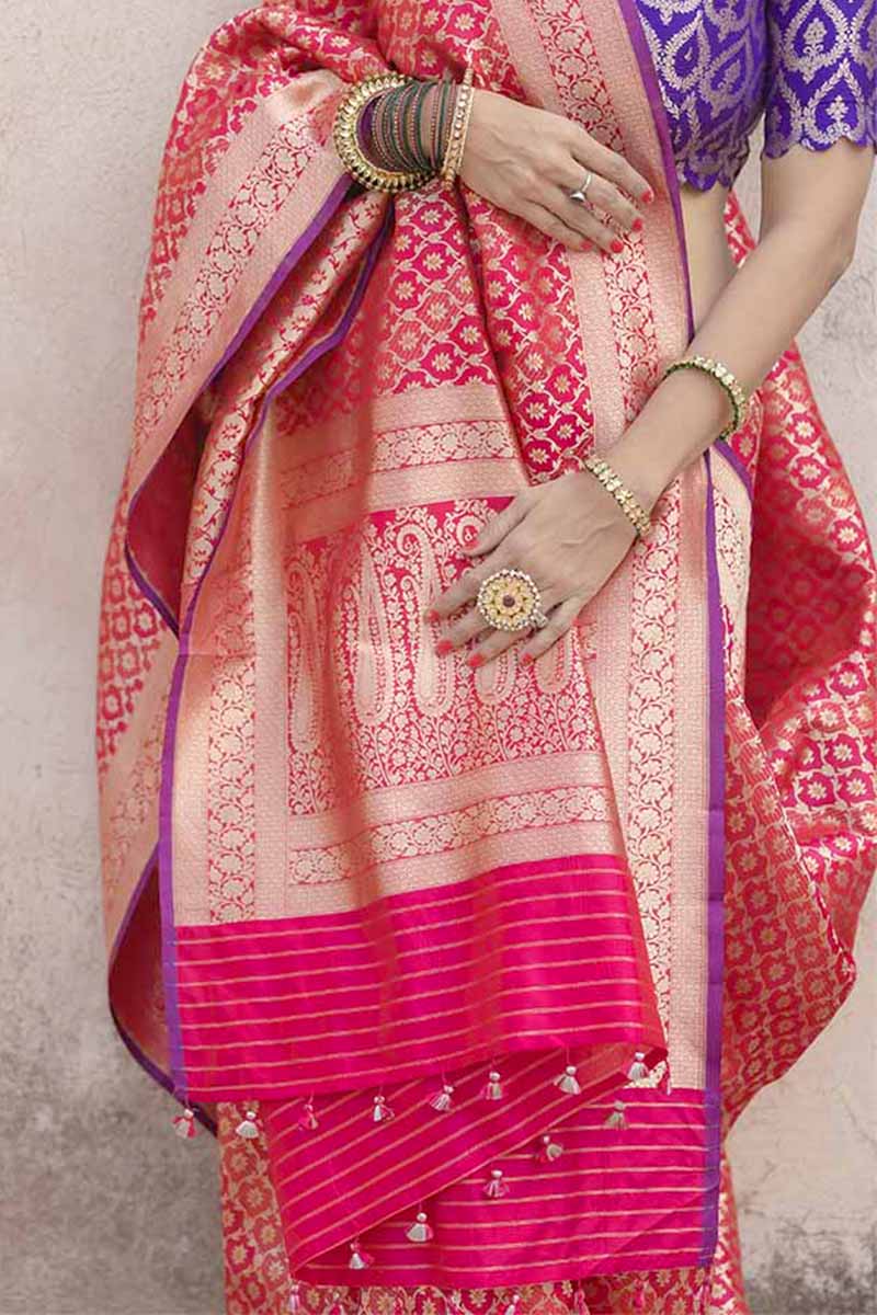 Deep Pink Geometrical Handwoven Banarasi Silk Saree