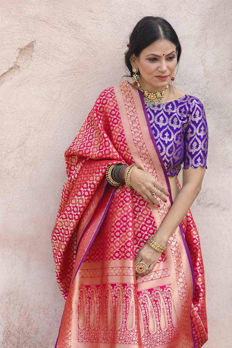 Deep Pink Geometrical Handwoven Banarasi Silk Saree