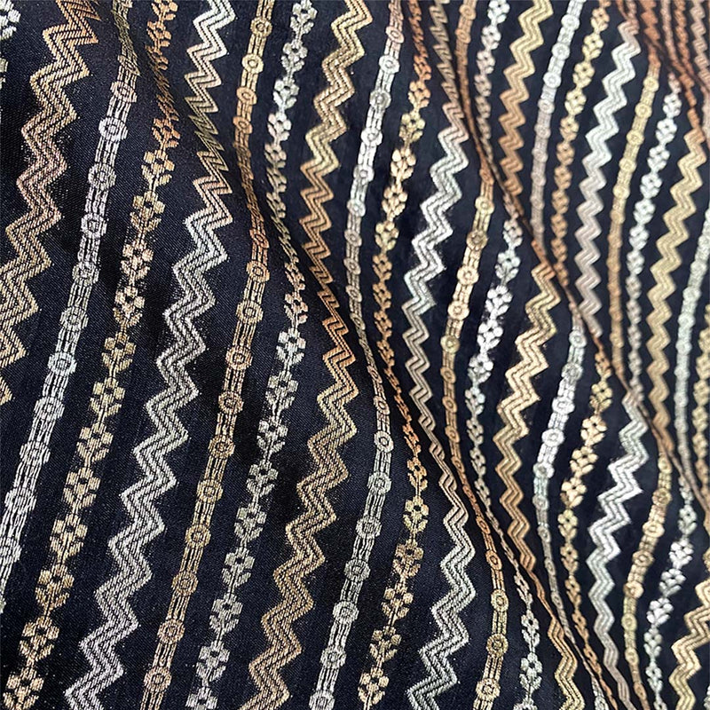 Deep Black Striped Woven Banarasi Silk Fabric Success