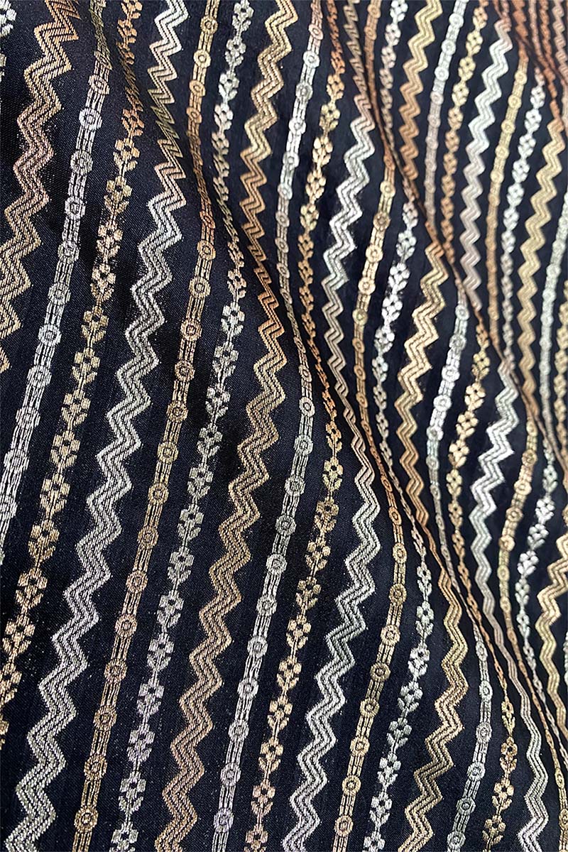 Deep Black Striped Woven Banarasi Silk Fabric By Chinaya banaras