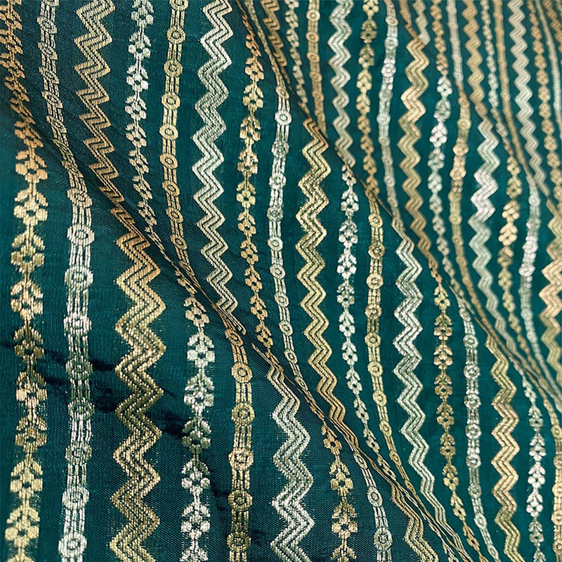 Green Striped Woven Banarasi Silk Fabric At Chinaya Banaras