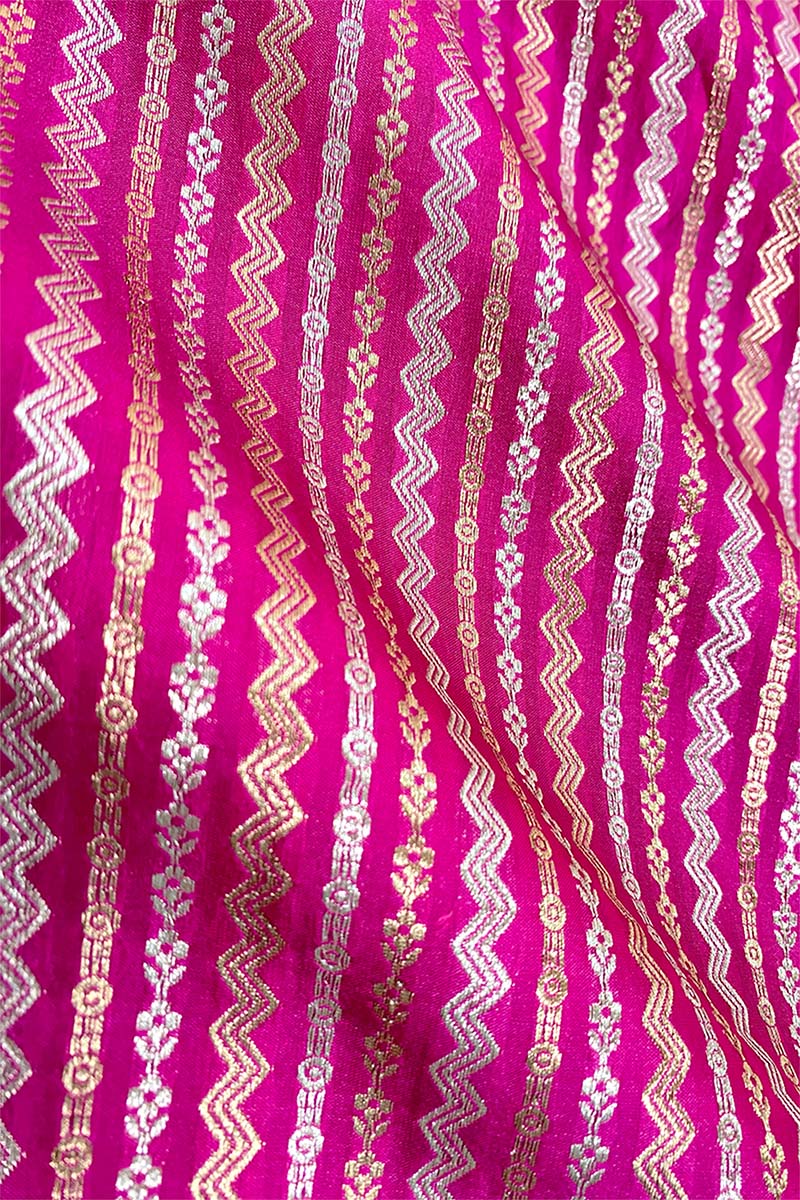 Magenta Pink Striped Woven Banarasi Silk Fabric By Chinaya Banaras 