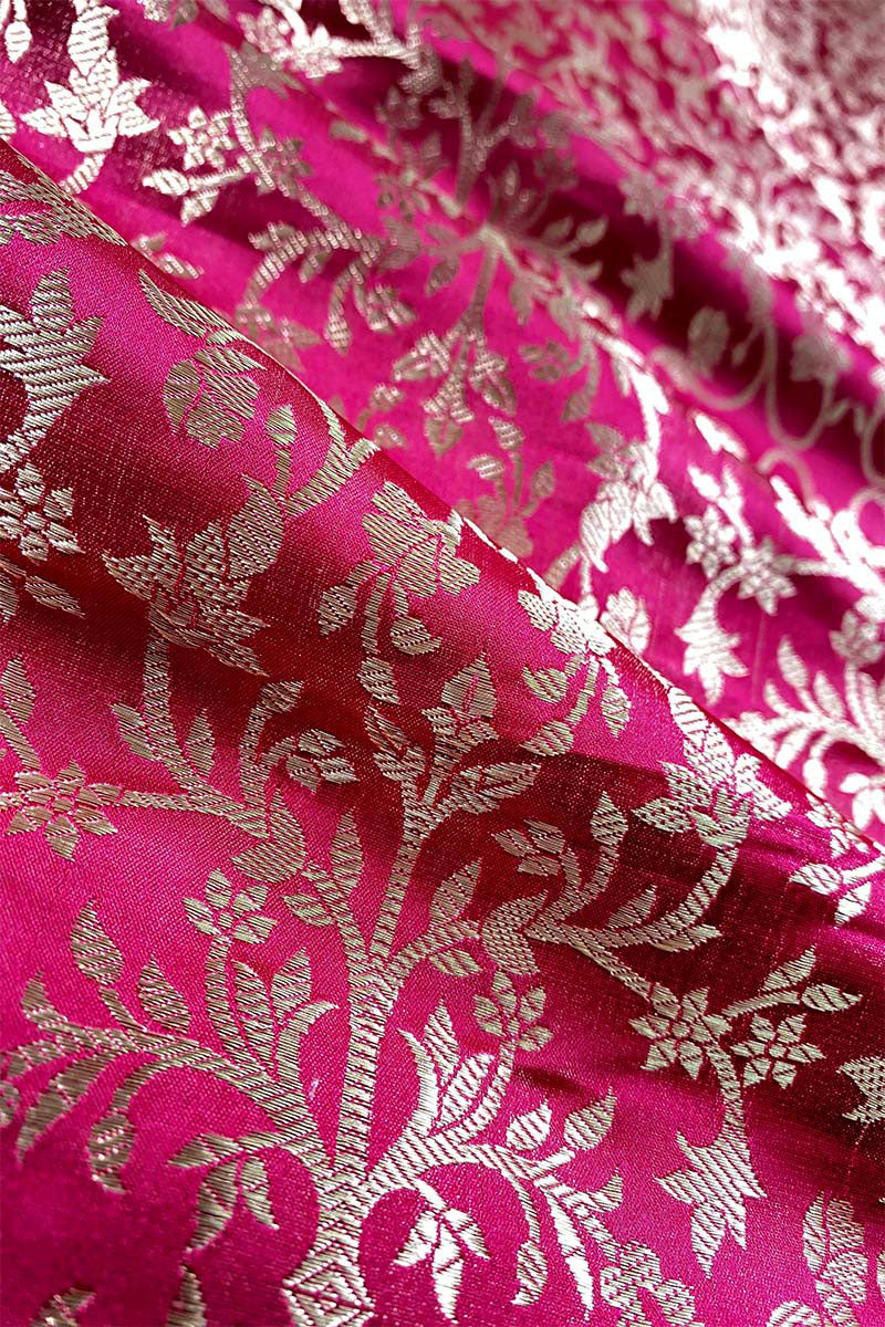 Deep Magenta Pink Handwoven Satin Tissue Silk Fabric - Chinaya Banaras