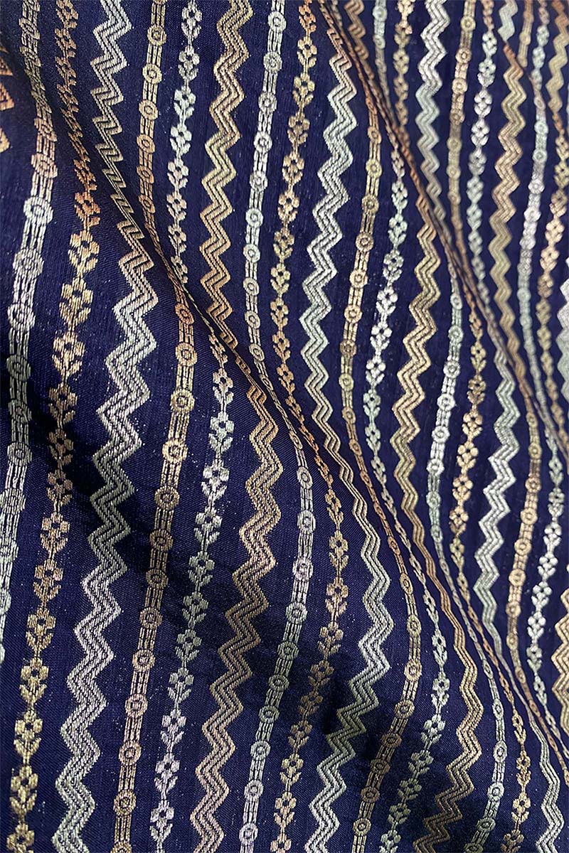 Ink Blue Striped Woven Banarasi Silk Fabric - Chinaya Banaras
