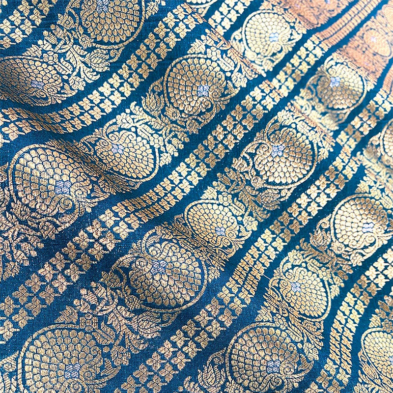 Cobalt Blue Striped Woven Banarasi Silk Fabric