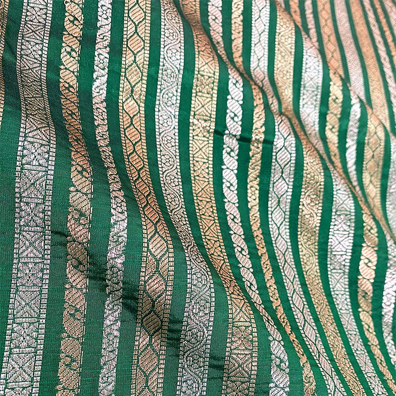 Green Striped Woven Banarasi Silk Fabric At Chinaya Banaras