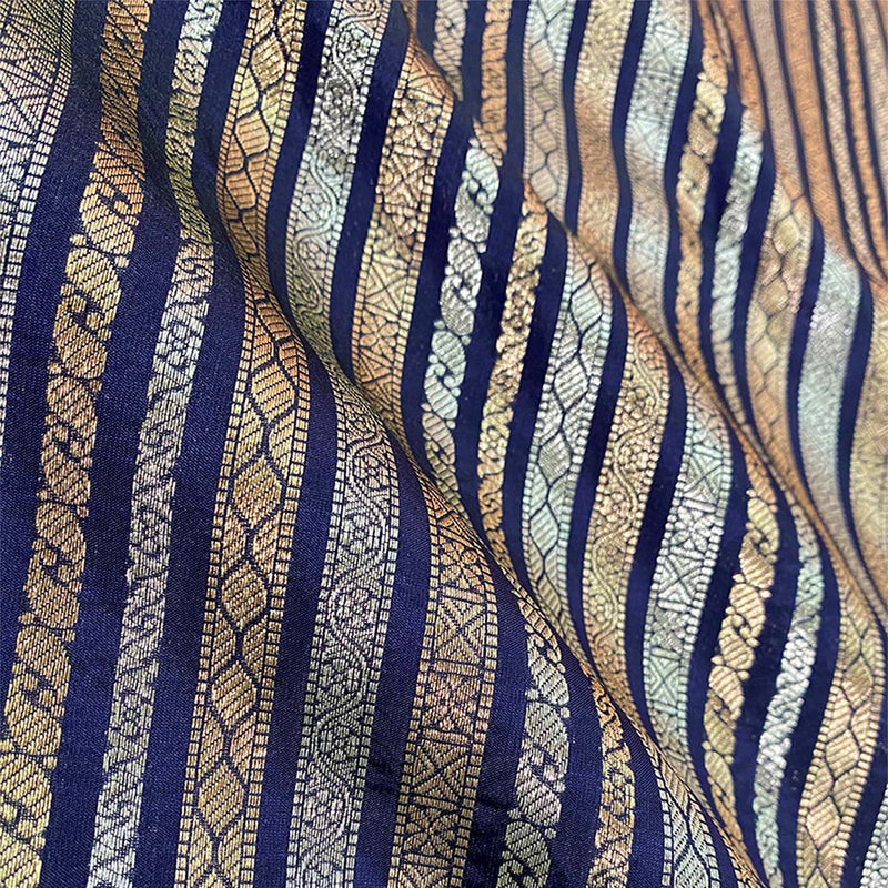 Navy Blue Striped Woven Banarasi Silk Fabric