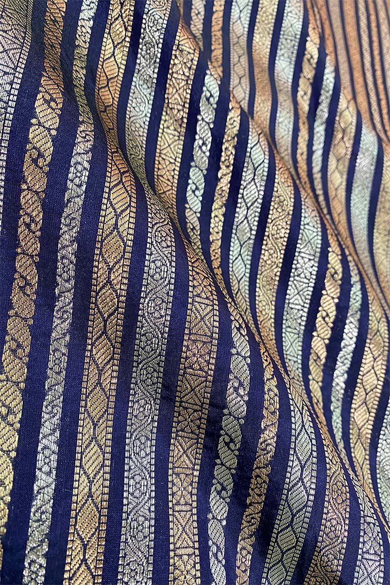 Navy Blue Striped Woven Banarasi Silk Fabric