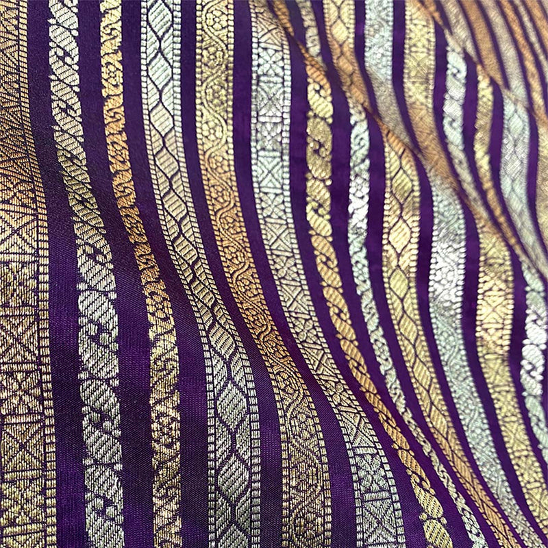 Purple Striped Woven Banarasi Silk Fabric At Chinaya Banaras