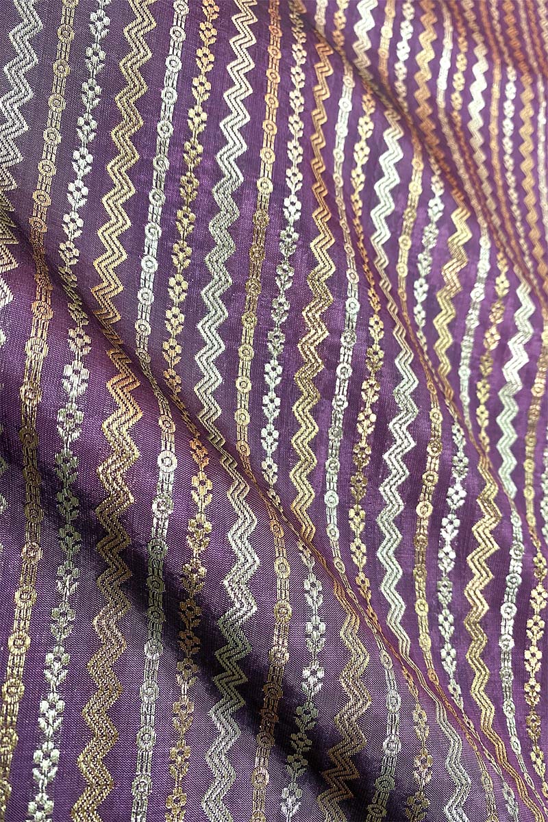 Deep Mauve Striped Woven Banarasi Silk Fabric By Chinaya Banaras 