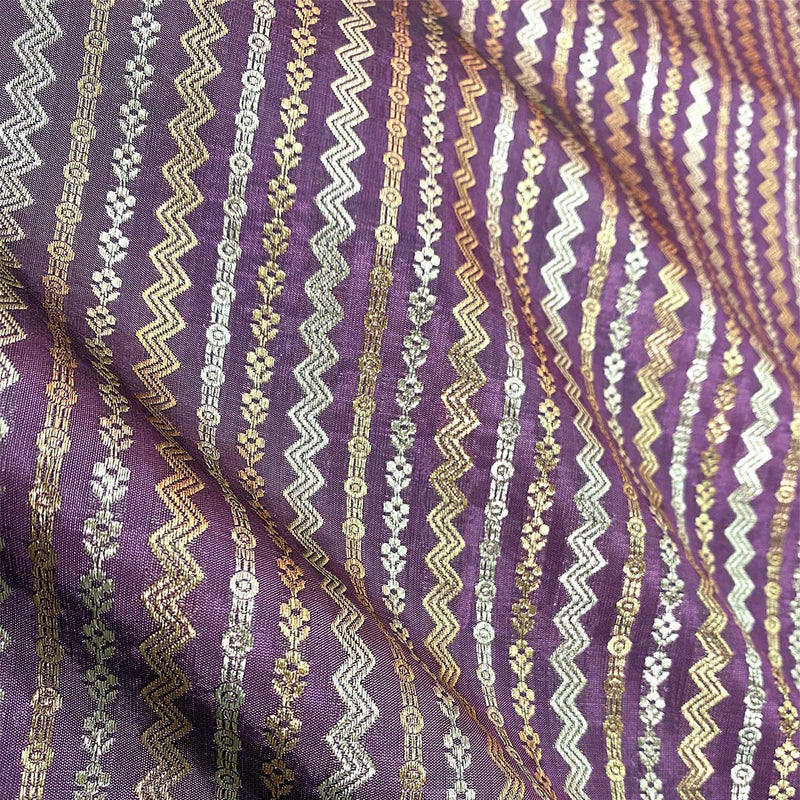 Deep Mauve Striped Woven Banarasi Silk Fabric