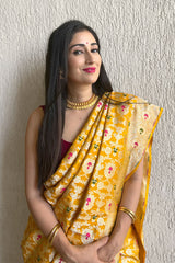 Bright Yellow Meenadar Handwoven Banarasi Silk Saree