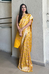 Women In  Yellow Handwoven Banarasi Silk Saree At Chinaya Banaras
