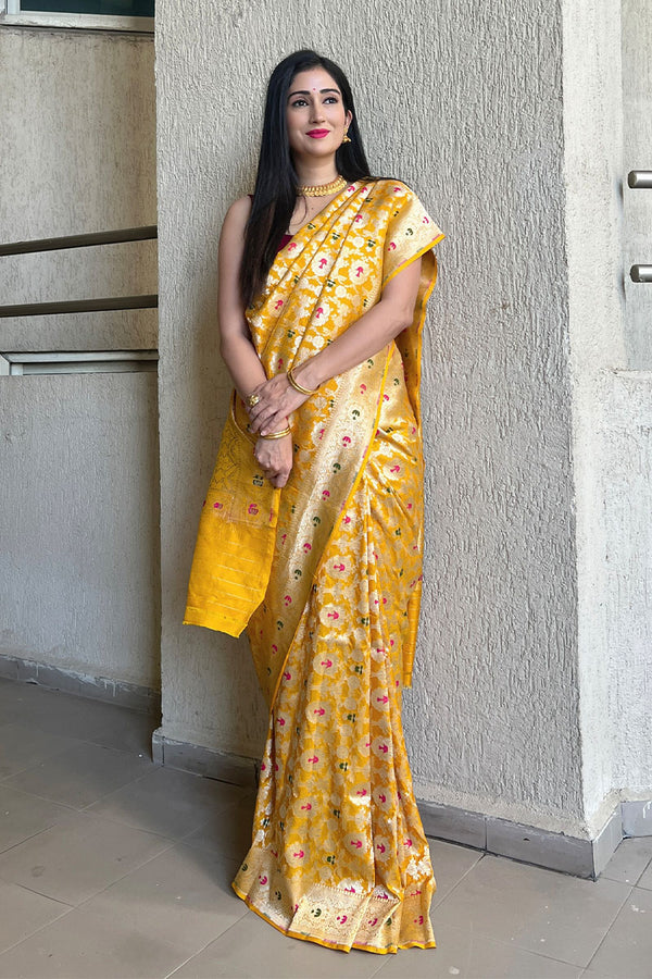 Bright Yellow Meenadar Handwoven Banarasi Silk Saree By Chinaya Banaras