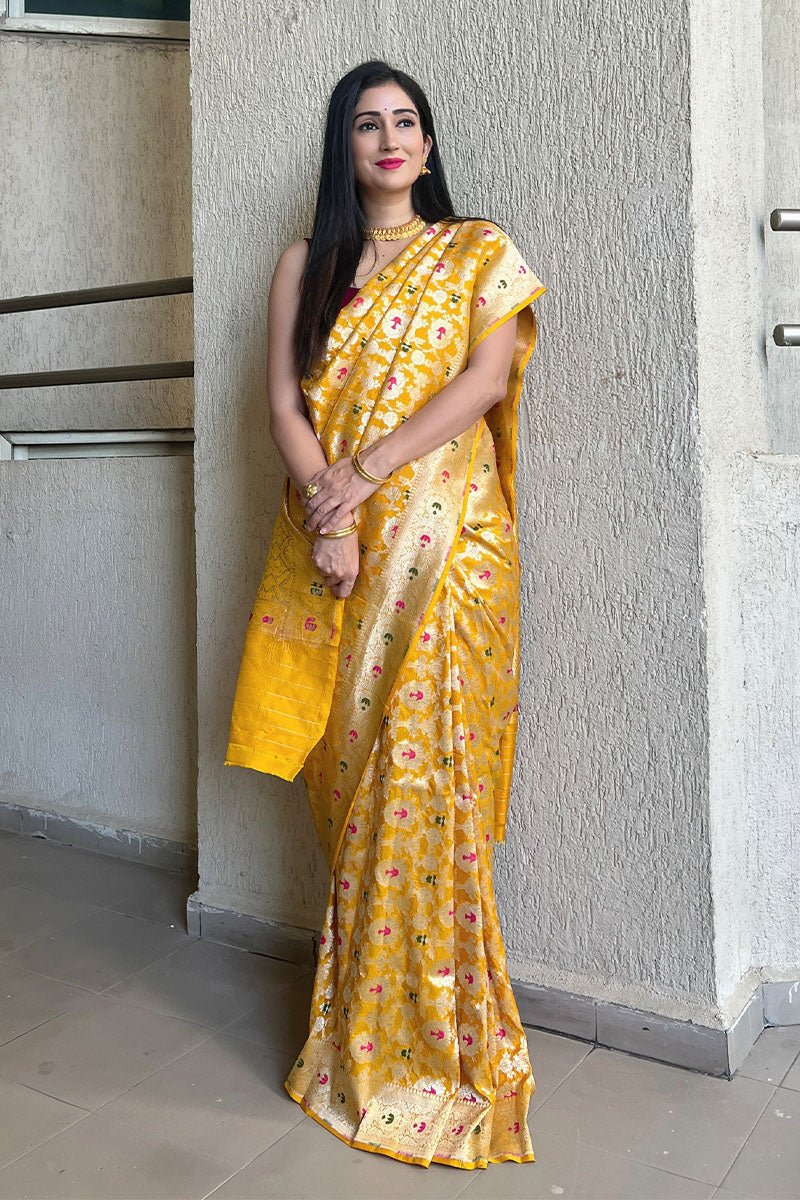 Buy Yellow Pure Banarasi Silk Saree Online
