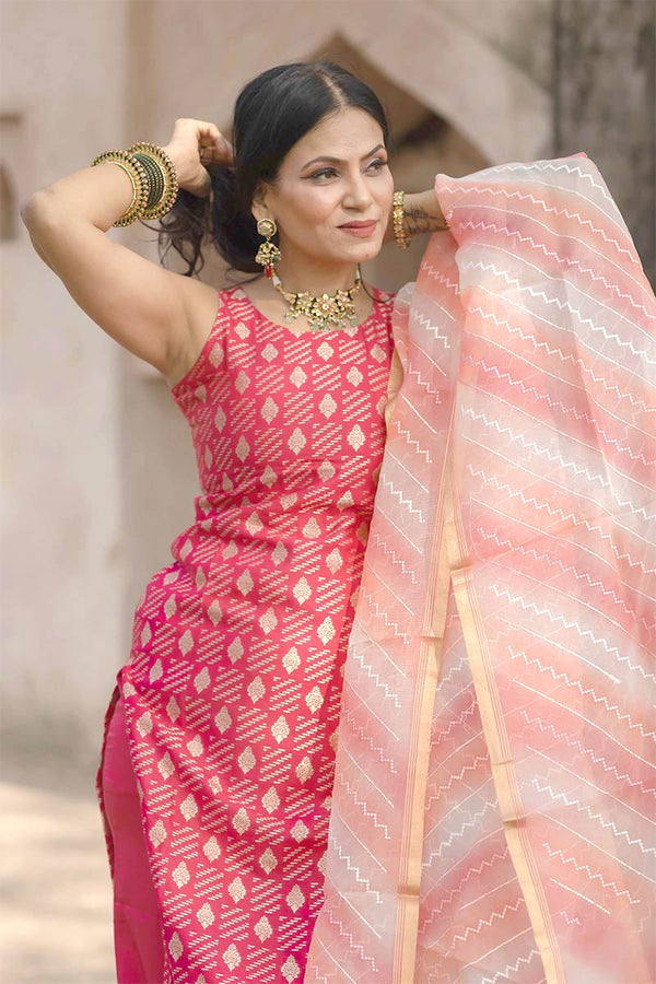 Anu Mishra In Hibiscus Pink Handwoven Mulberry Silk Suit Set - Chinaya Banaras