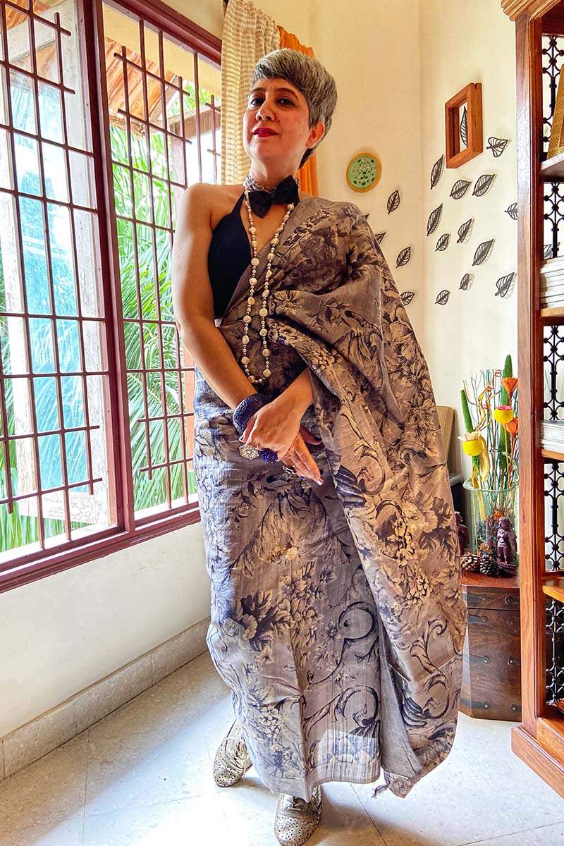 Nupur Amarnath In Black & Grey Floral Printed Tussar Silk Saree - Chinaya Banaras