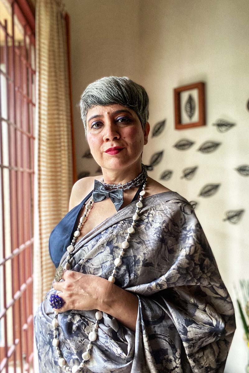 Nupur Amarnath In Black & Grey Floral Printed Tussar Silk Saree