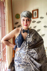 Nupur Amarnath In Black & Grey Floral Printed Tussar Silk Saree