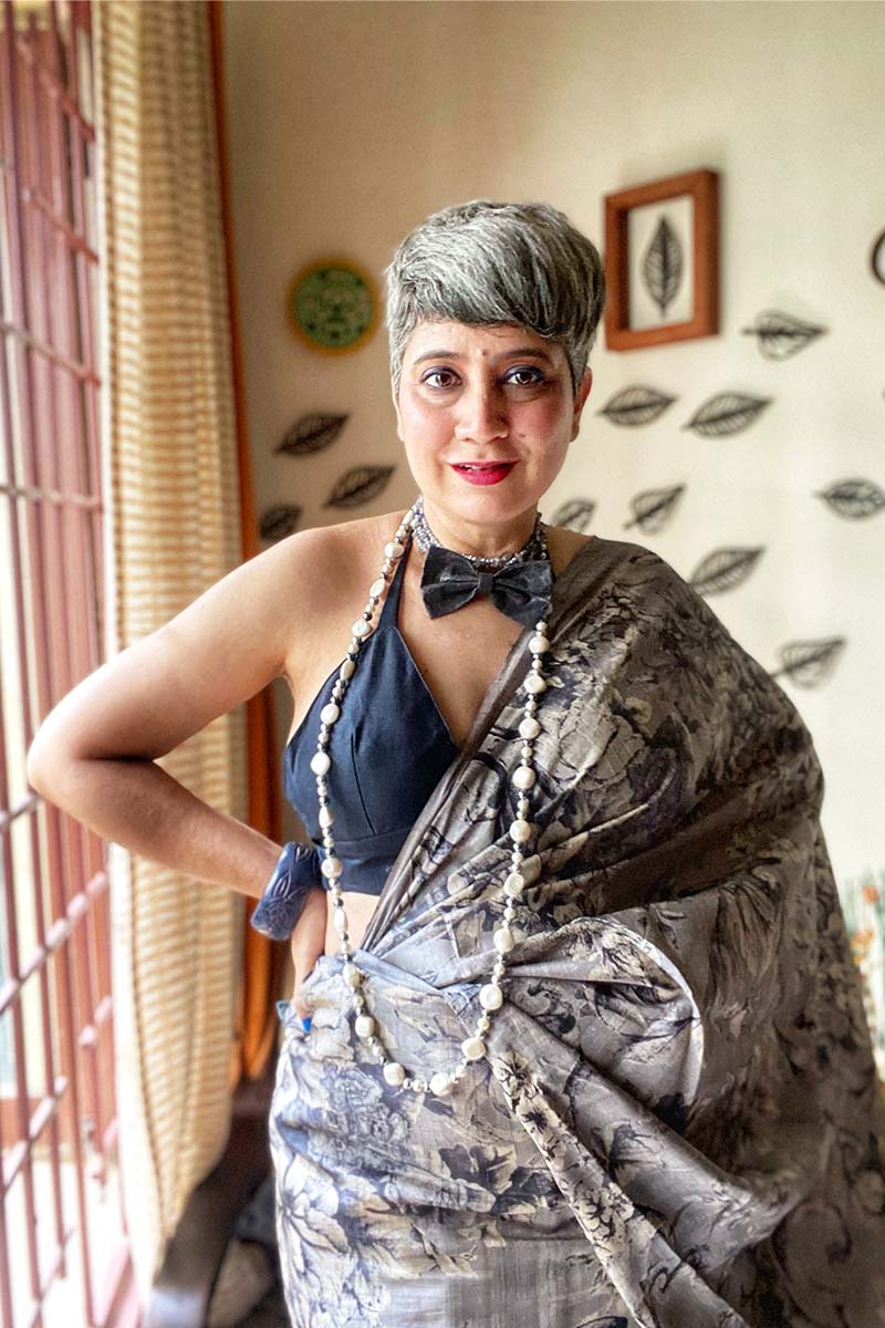 Nupur Amarnath In Black & Grey Floral Printed Tussar Silk Saree