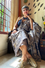 Indian women draped beautifull Black & Grey Floral Printed Tussar Silk Saree by chinaya banaras