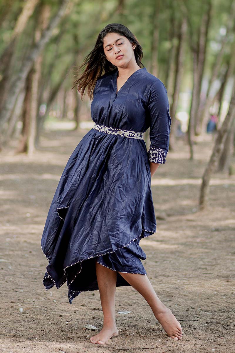 Navy Blue Embellished Cotton Dress By Chinaya Banaras 