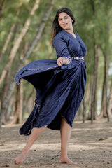 Anagha Sajeev In Navy Blue Embellished Cotton Dress - Chinaya Banaras