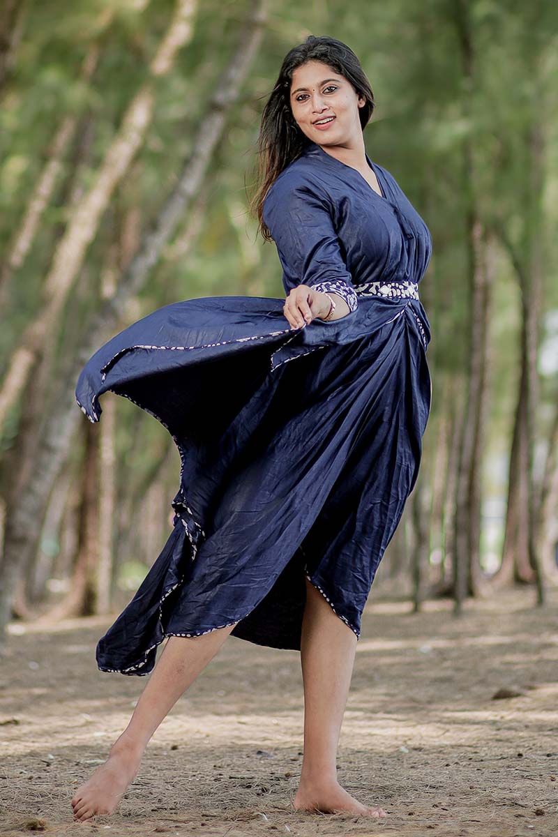 Anagha Sajeev In Navy Blue Embellished Cotton Dress