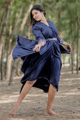 Anagha Sajeev In Navy Blue Embellished Cotton Dress - Chinaya Banaras