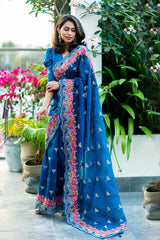 Women In Blue Organza Silk Embroidered Saree At Chinaya Banaras
