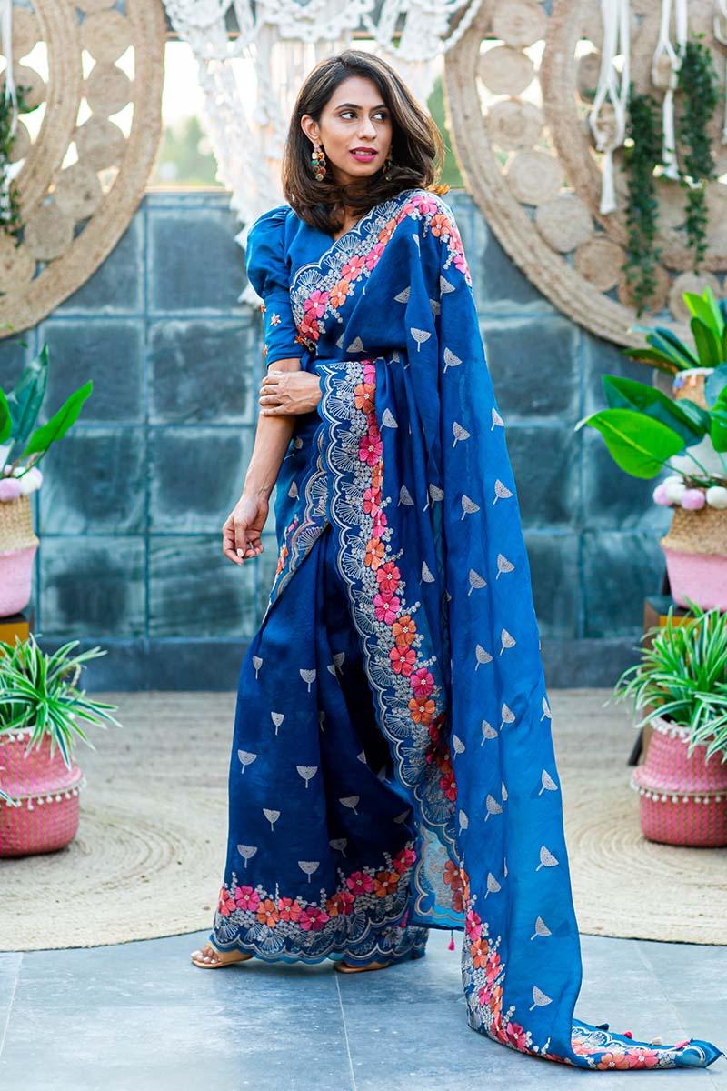 Mayil Blue Organza Silk Embroidered Saree