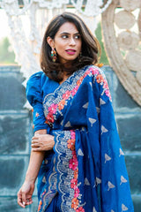 Pavitra Sagar In Mayil Blue Organza Silk Embroidered Saree - Chinaya Banaras