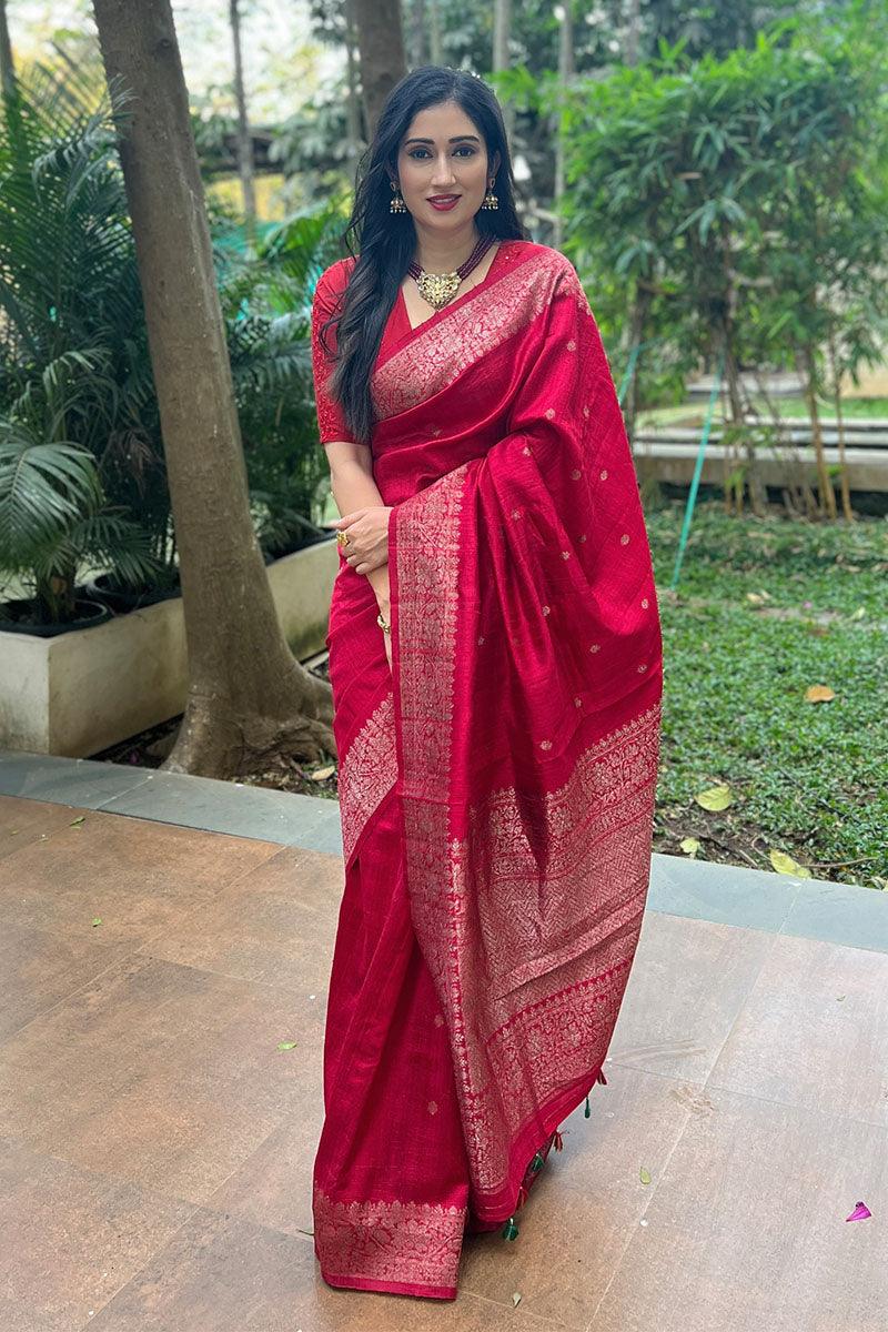 Women In Red Woven Raw Silk Saree At Chinaya Banaras