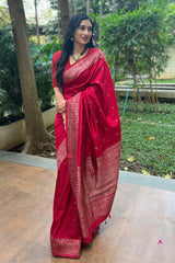 Gungun Uprari In Blood Red Woven Raw Silk Saree - Chinaya Banaras