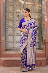 Royal Whirl Navy Blue Handwoven Banarasi Silk Saree - Chinaya Banaras