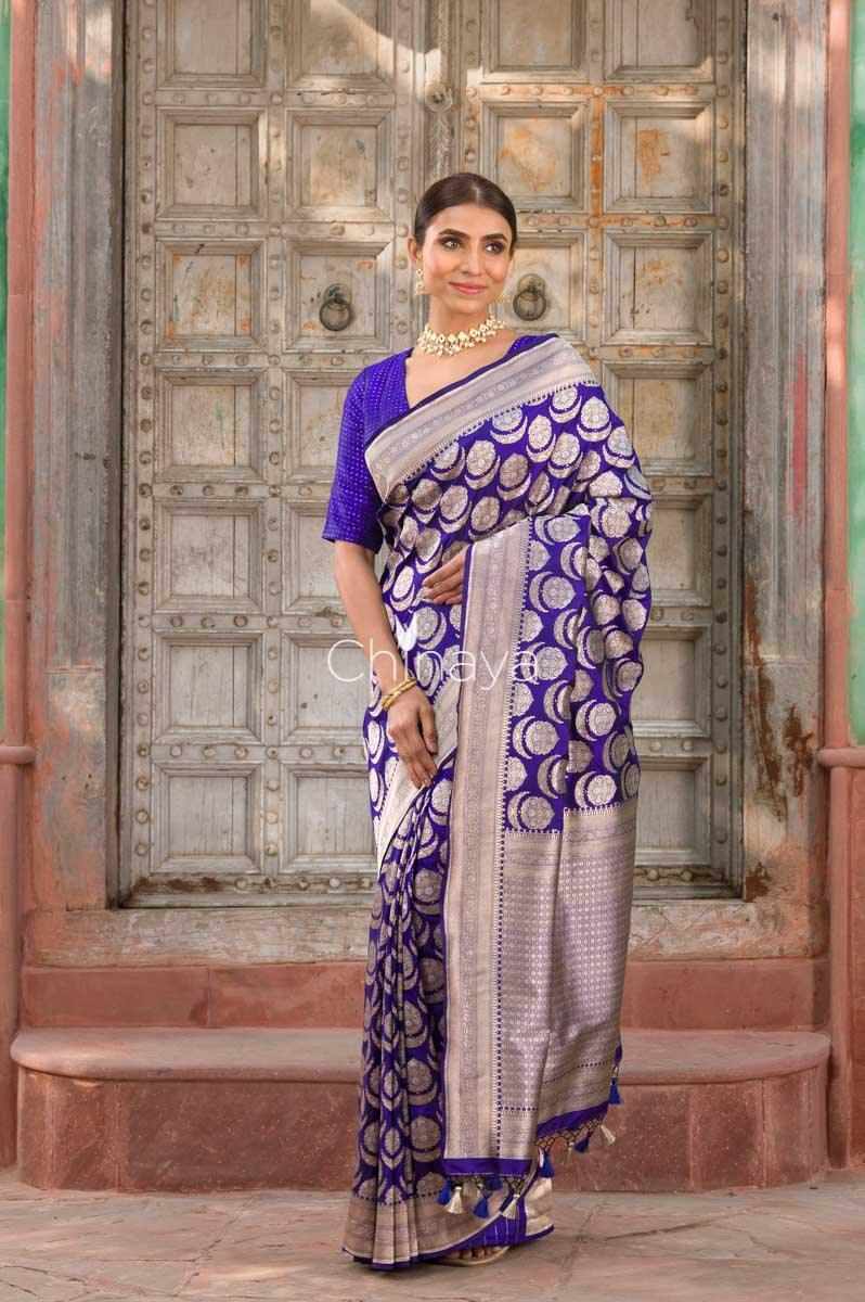 Royal Whirl Navy Blue Handwoven Banarasi Silk Saree - Chinaya Banaras