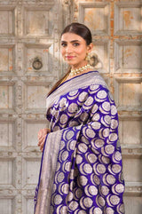 Royal Whirl Navy Blue Handwoven Banarasi Silk Saree - Chinaya Banaras