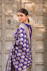 Royal Whirl Navy Blue Handwoven Banarasi Silk Saree - Chinaya Banaras