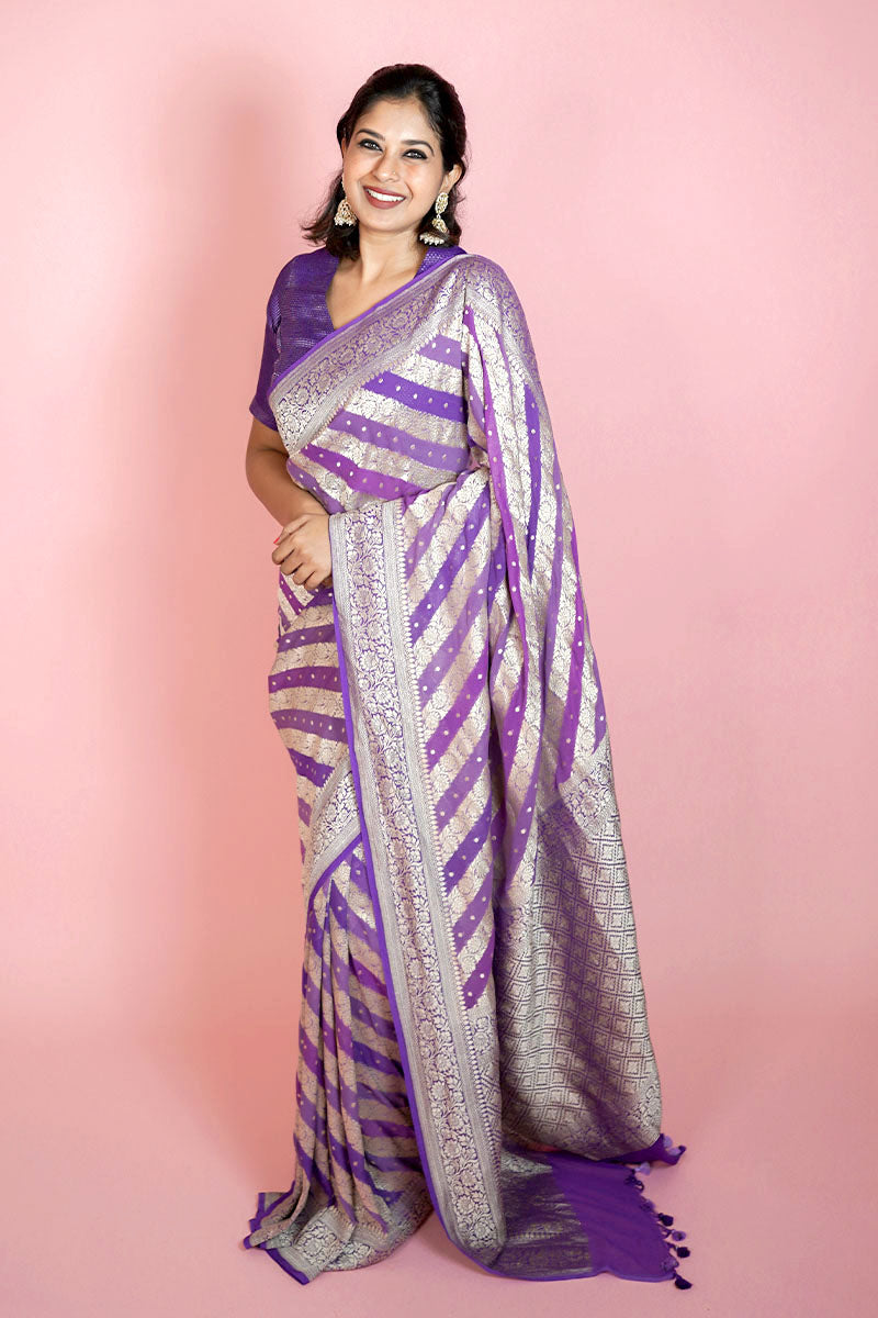Women In Iris Purple Rangkat Handloom Georgette Khaddi Silk Saree At Chinaya Banaras