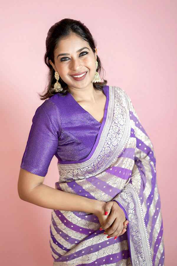 Sunitha Scharma In Iris Purple Rangkat Handloom Georgette Khaddi Silk Saree - Chinaya Banaras