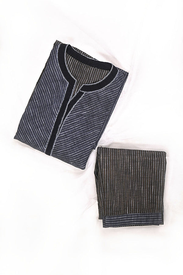 Charcoal Grey Striped Cotton Kurta Pant Set - Chinaya Banaras