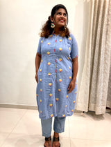 Ice Blue Woven Cotton Kurta Pant Set