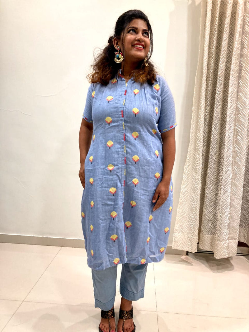 Ice Blue Woven Cotton Kurta Pant Set