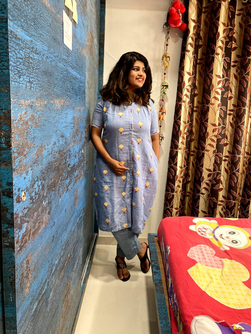 Ice Blue Woven Cotton Kurta Pant Set