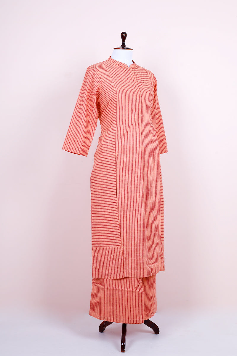 Peach Stripe Woven Cotton Kurta Set - Chinaya Banaras