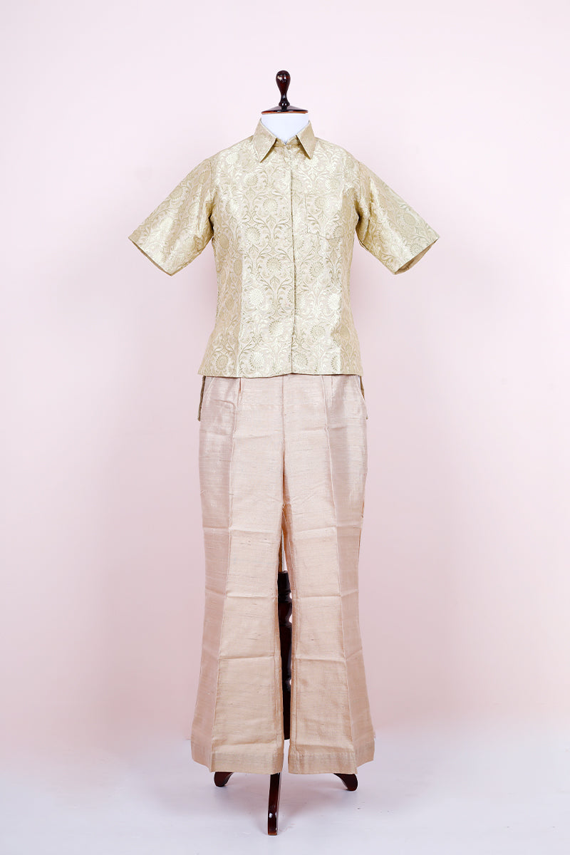 Beige Woven Brocade & Raw Silk Co-ord Set - Chinaya Banaras